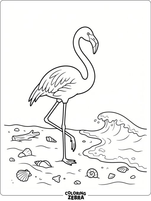 A flamingo on a beach with shells and a wave