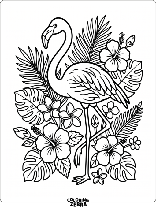 A flamingo outline with flowers and palm leaves