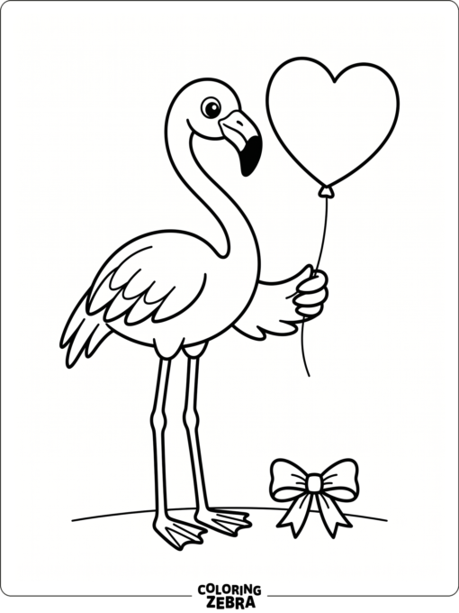 A flamingo holding a heart balloon