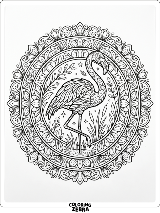 A flamingo in a circular mandala design