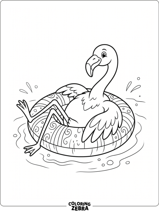 A flamingo lounging on a pool ring