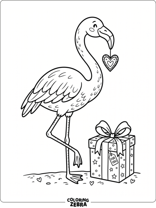 A flamingo holding a heart beside a gift box