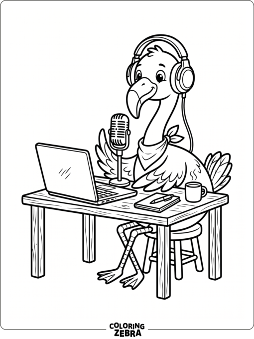 A flamingo with headphones sits at a desk with a microphone and laptop