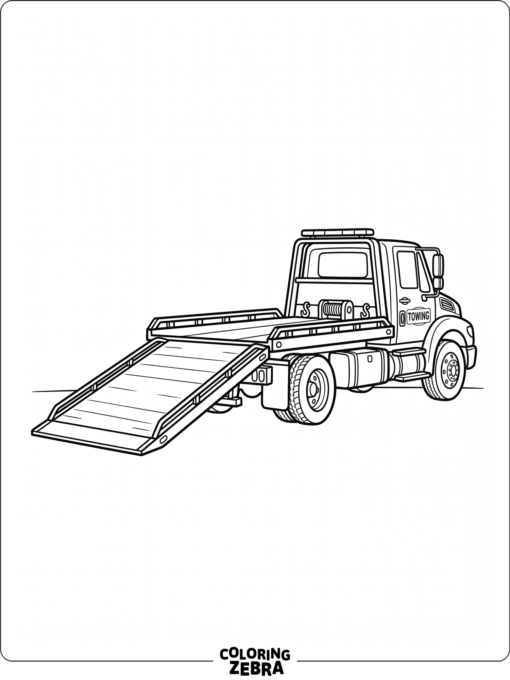 A flat bed tow truck with a lowered ramp