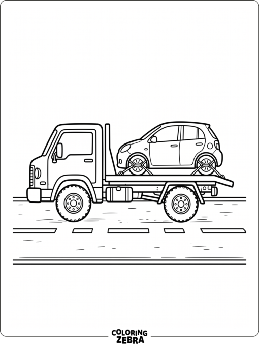 A flatbed tow truck hauling a car on a flat platform