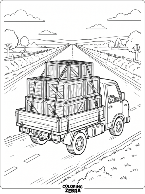 A flatbed truck carrying wooden crates on a straight road