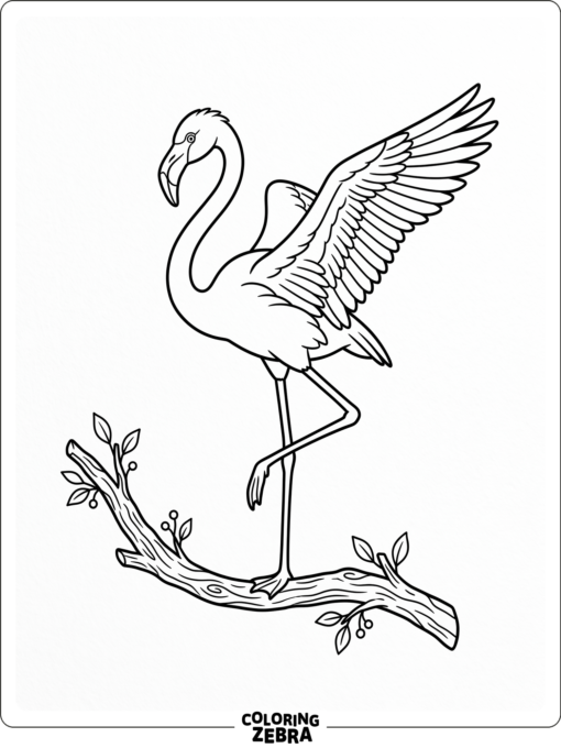 A flamingo stretching one wing on a branch