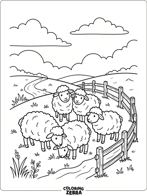 A flock of sheep stands on a hill with a simple fence and clouds