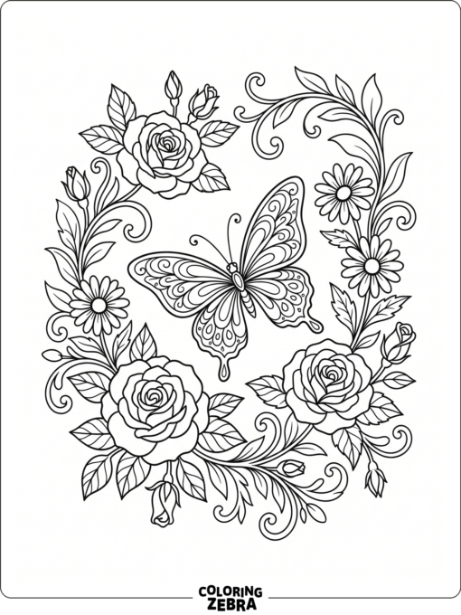 A butterfly framed by flowers and leaves