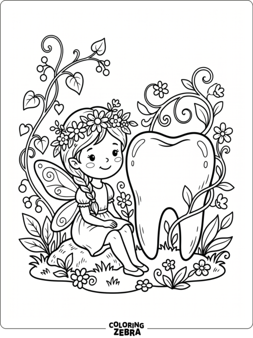 A fairy with a flower crown beside a tooth and vines