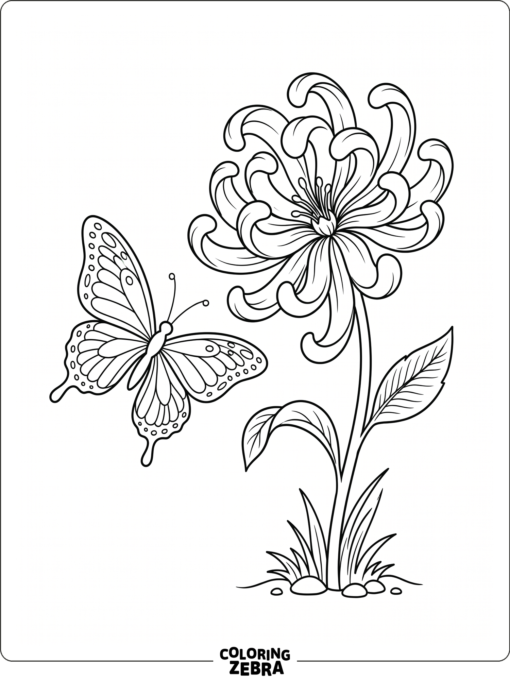 A butterfly next to a large flower