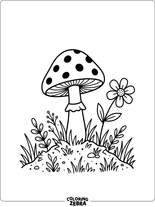 A tall flower beside a mushroom with grass