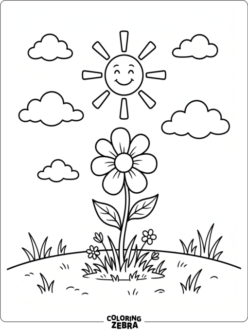 A flower below the sun with clouds and grass
