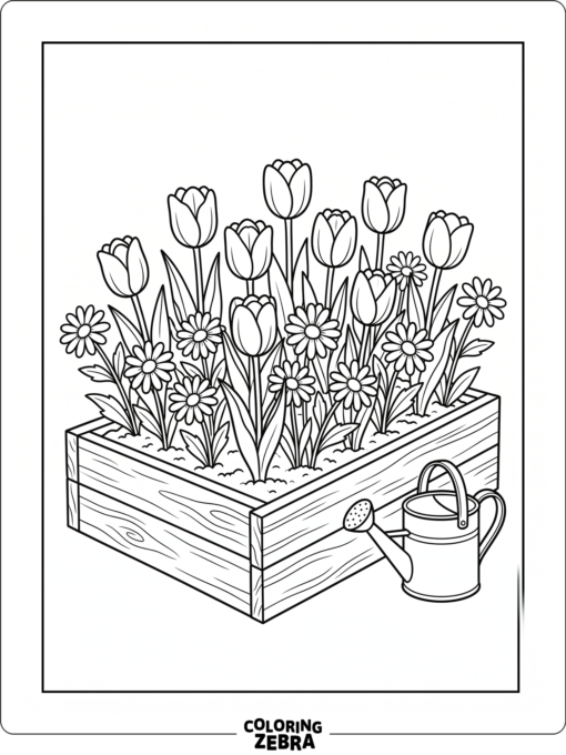 A flower bed with blooming plants and a watering can