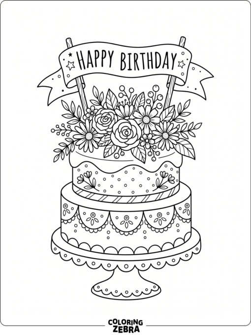 A birthday cake decorated with flowers and a banner