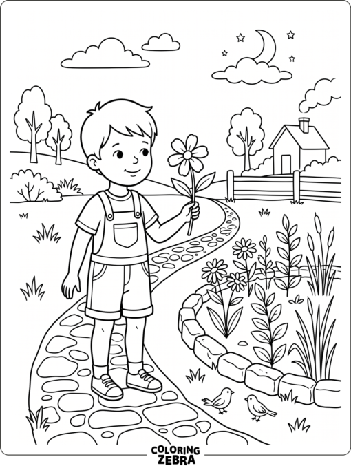 A boy holding a flower near a garden path
