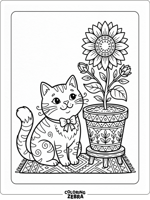 A cat sitting beside a flower pot with a bloom