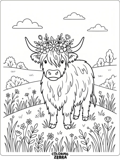 A Highland cow wearing a flower crown