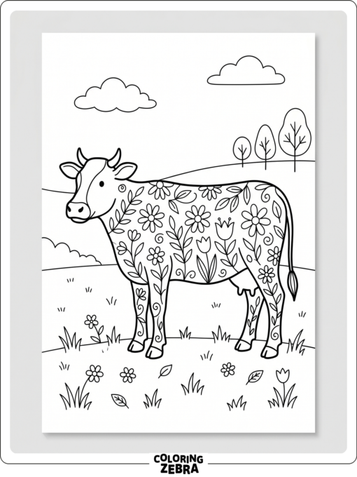 A cow decorated with flower patterns in a meadow