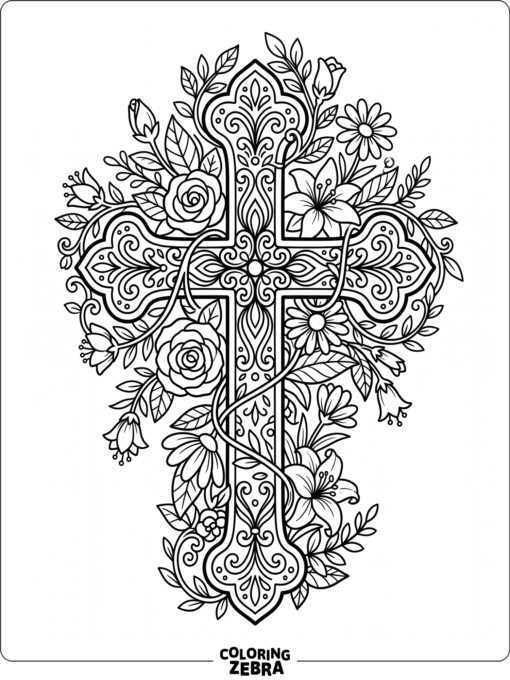 A cross decorated with flowers and leaves