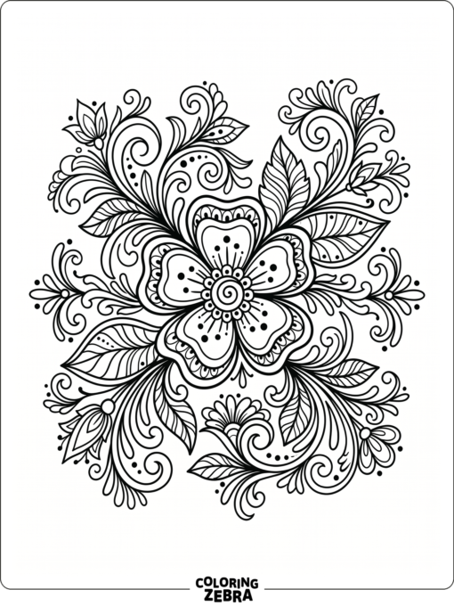 A decorative flower design with petals and curling leaves