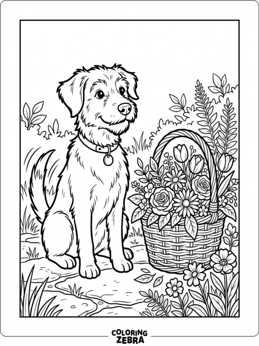 A dog sitting beside a flower basket with a wagging tail