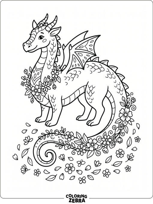 A dragon wearing flower garlands and petals