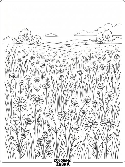A field of flowers with tall grass and open sky