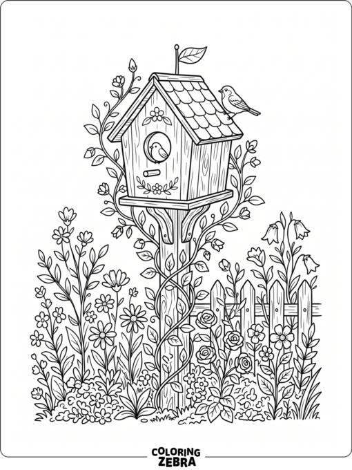 A birdhouse in a flower garden with vines and blossoms