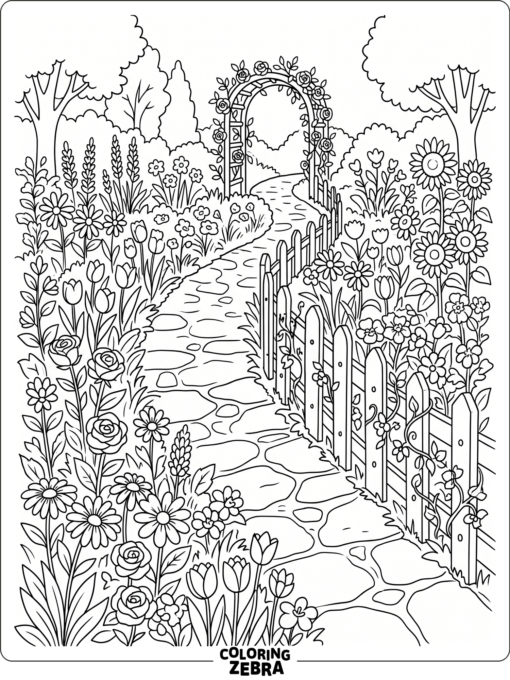 A flower garden with a path and a little fence