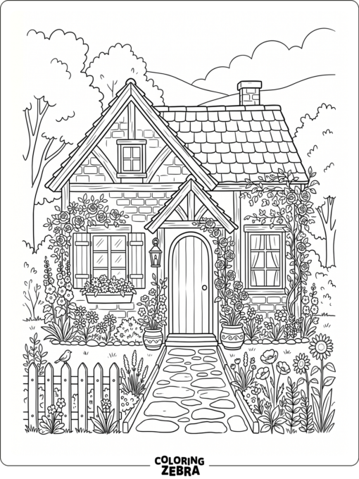 A small cottage with flowers around the windows and door