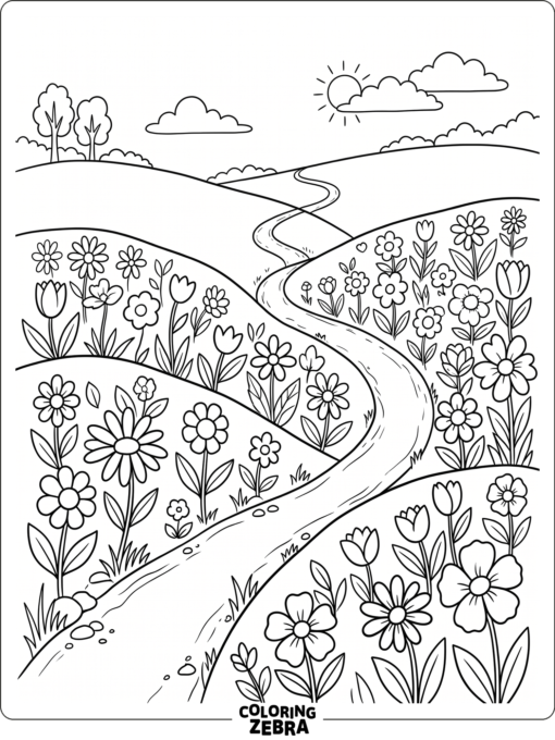 A flower-filled field with hills, bees, and a stream