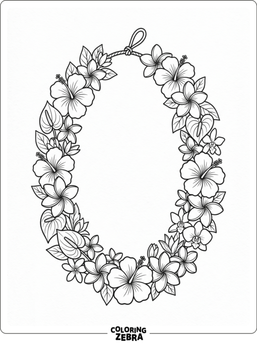 A flower lei laid in a loop with tropical blossoms