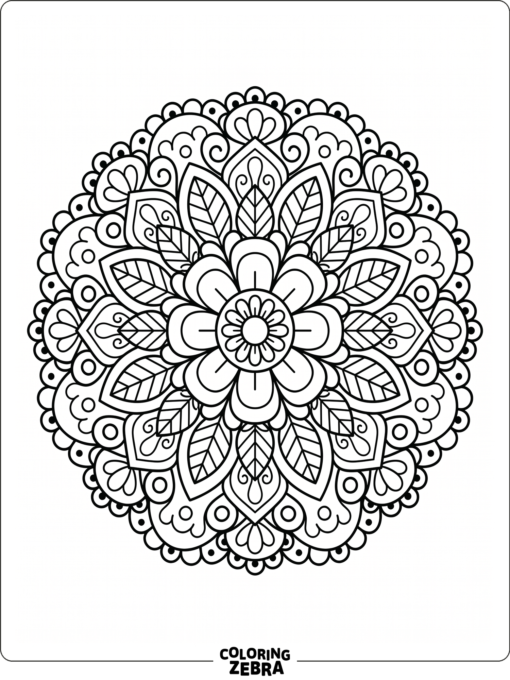 A circular floral mandala with petals and leaves