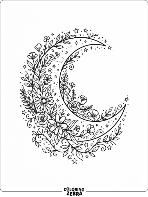 A moon surrounded by flowers and leaves