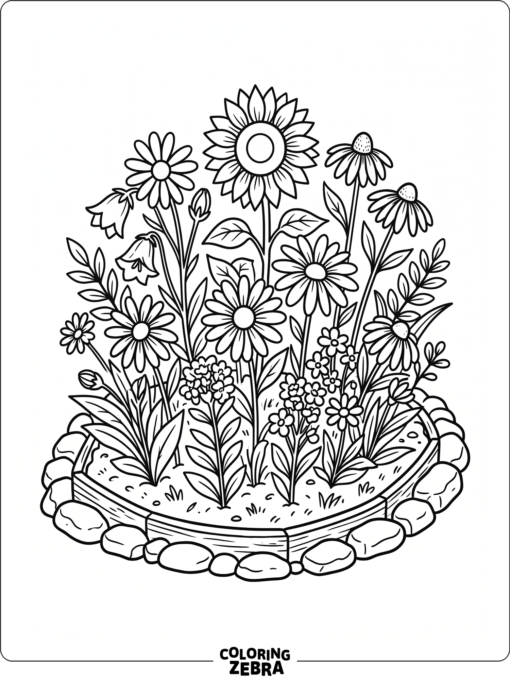 A small patch of flowers with leaves in a garden bed