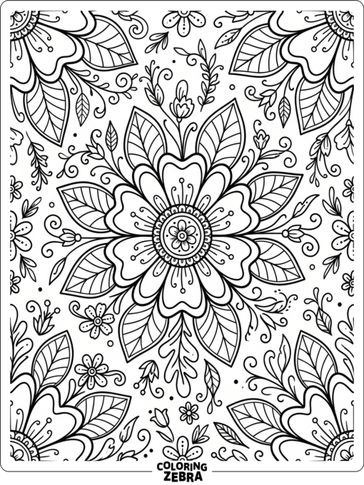 A repeating flower pattern with leaves and simple shapes