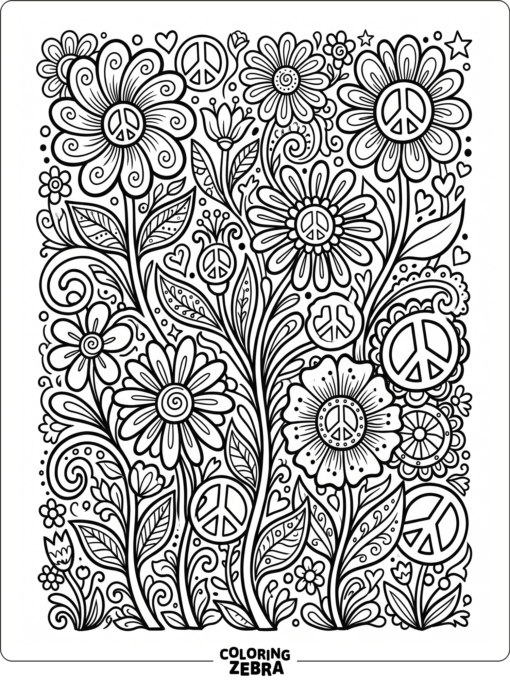 Retro flowers with bold outlines and peace symbols