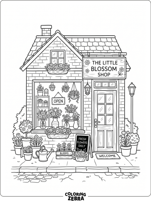 A flower shop with potted blooms in the window