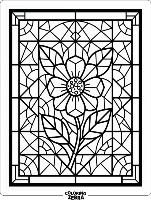 A flower in a stained glass window with thick borders