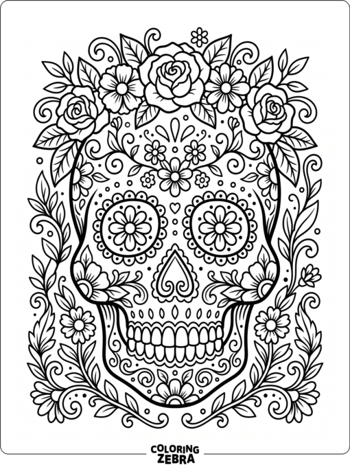 A sugar skull covered with flowers and leaves
