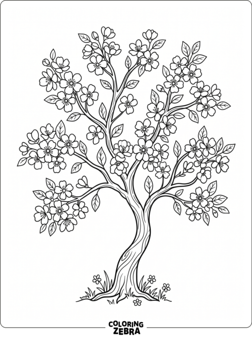 A flowering tree with blossoms and a small bird nest