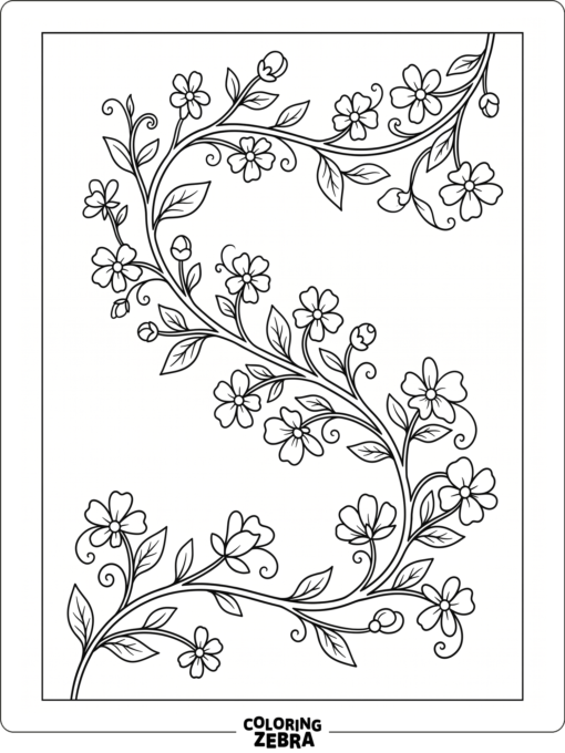 A curving flower vine with blossoms and leaves