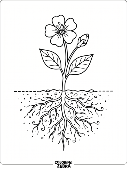 A flower with roots shown below the soil