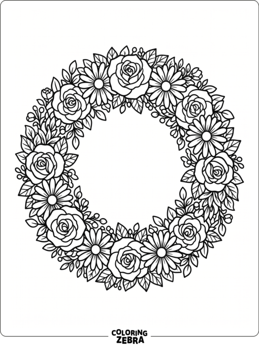 A round wreath of roses and daisies