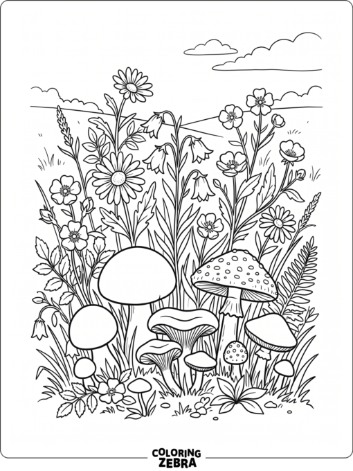 Wildflowers and mushrooms in a simple meadow