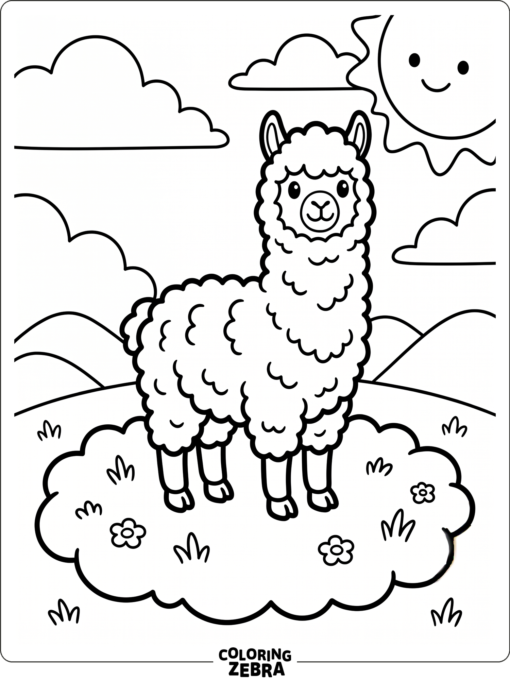 A fluffy alpaca standing on a small grassy patch