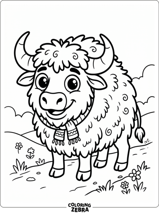 A fluffy cartoon buffalo with big eyes and a tiny scarf