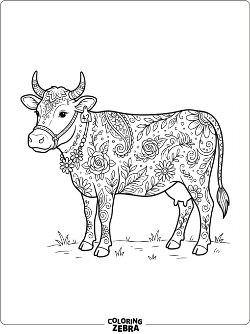A cow with decorative flowers stands in an open background made for relaxed coloring.