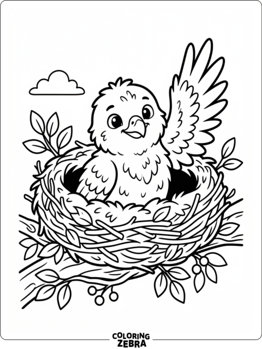 A fluffy hawk chick peeking from a nest